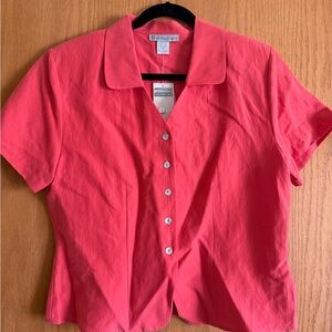 Dressbarn Women's Pink Silk Linen Collared Button Short Sleeve Blouse M